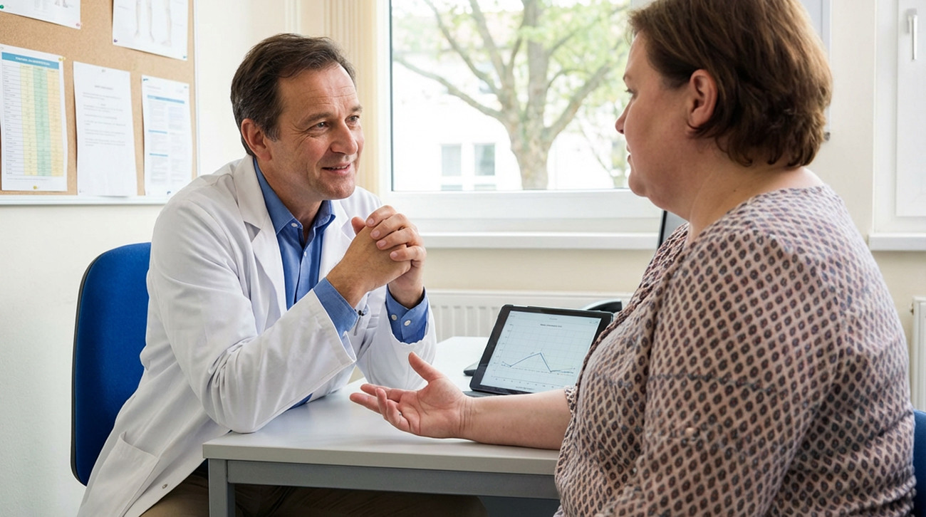 Stretnutie pacienty s miernou nadváhou s lekárom v ambulancii